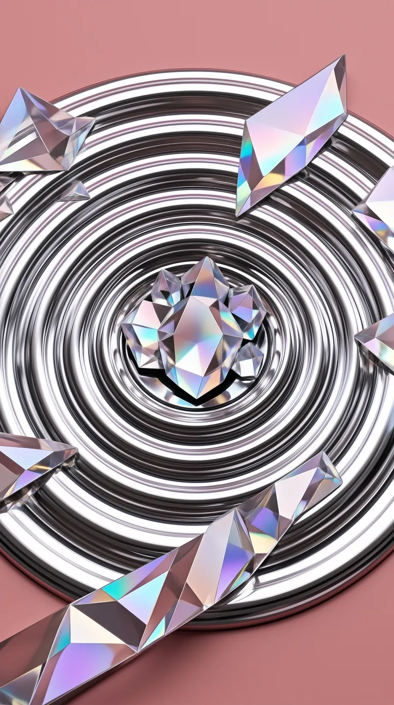 Iridescent shards surround a central chrome disc with concentric grooves on a pink background.