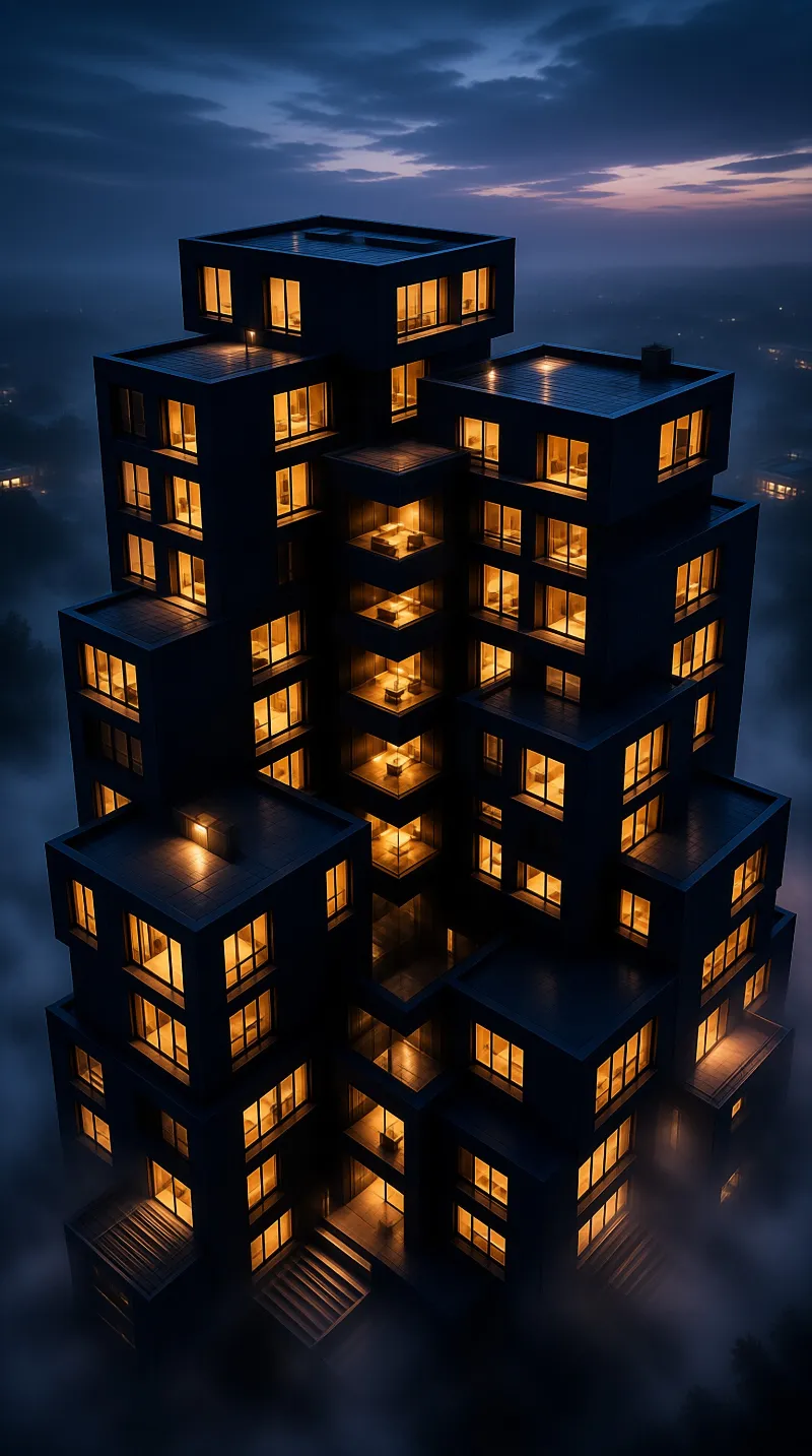 A multi-tiered building with glowing windows stands in mist under a twilight sky