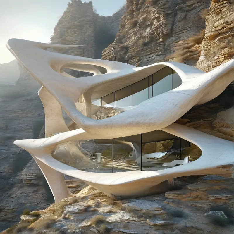 A curvaceous white sculptural home rests against steep layered canyon walls, bathed in warm soft morning sunlight that glints off its curved exterior.