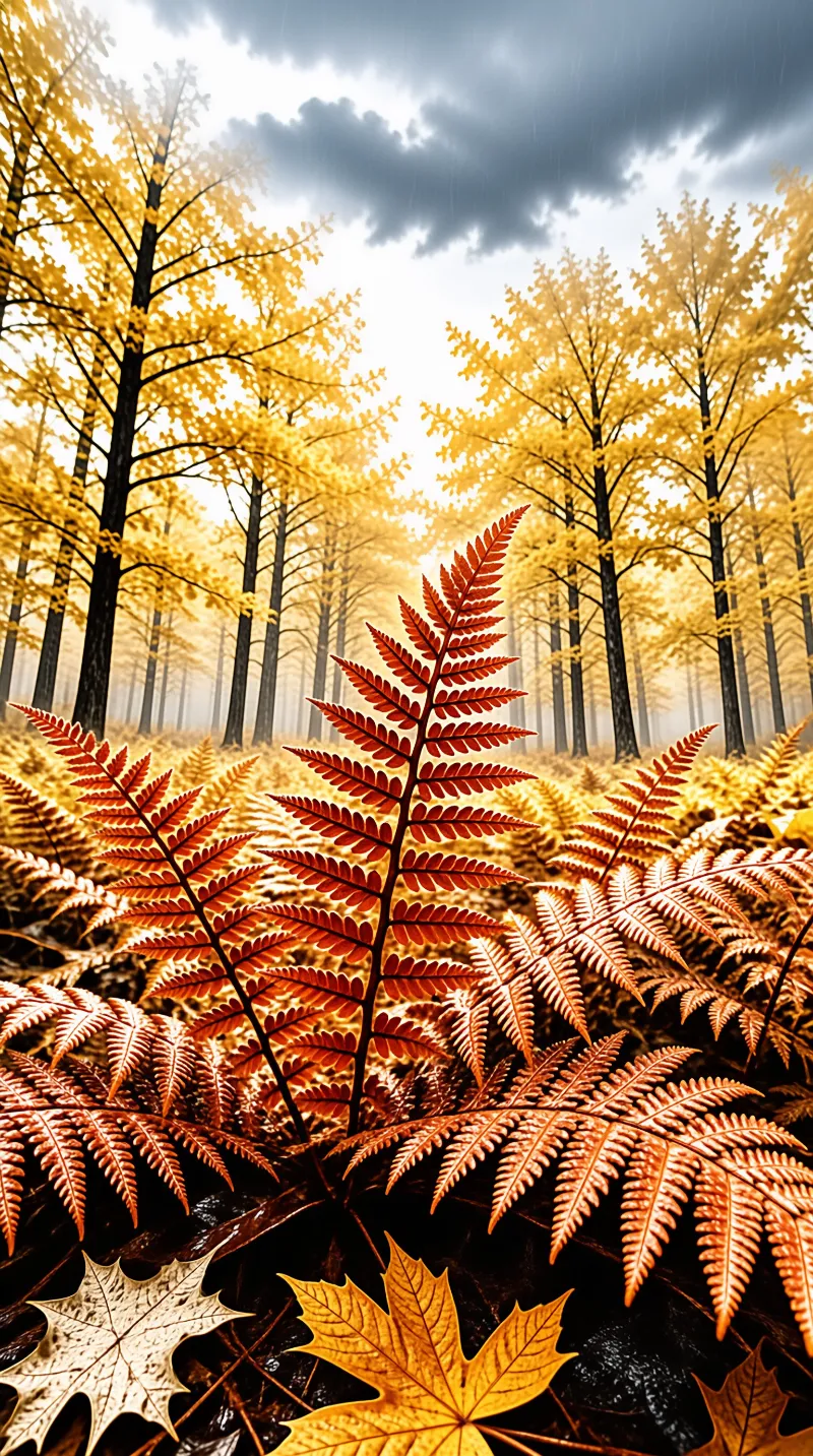 Rust colored fern fronds spread across a forest floor beneath tall trunks dressed in bright yellow fall leaves