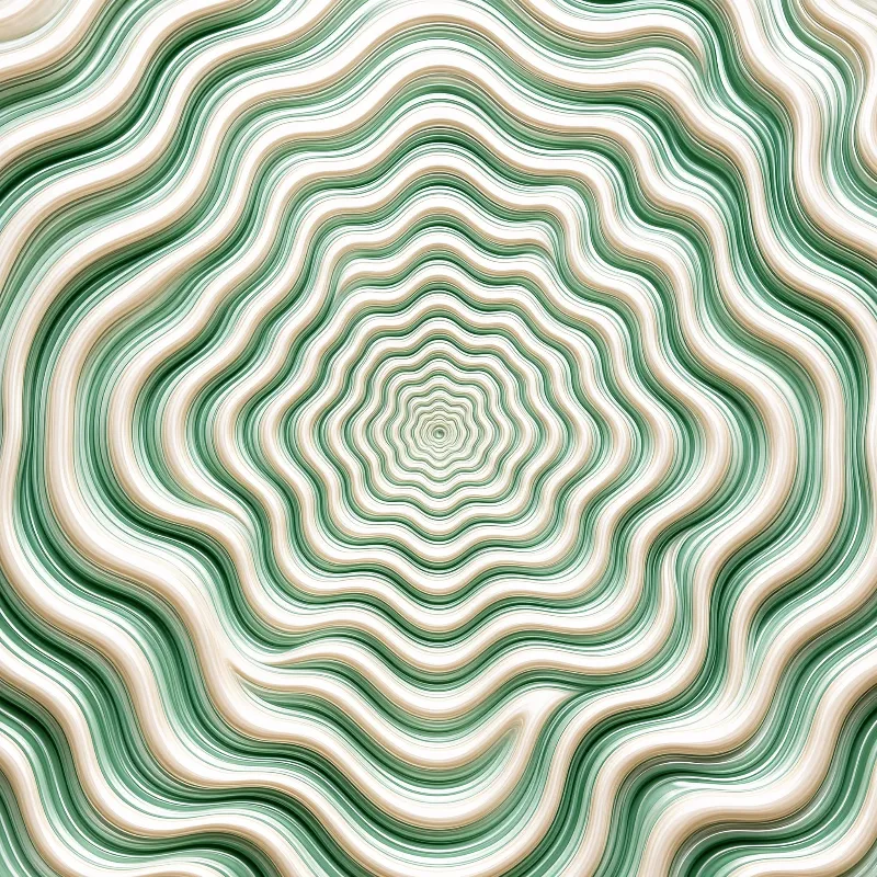Green and cream wavy lines form concentric rings around a small geometric center.
