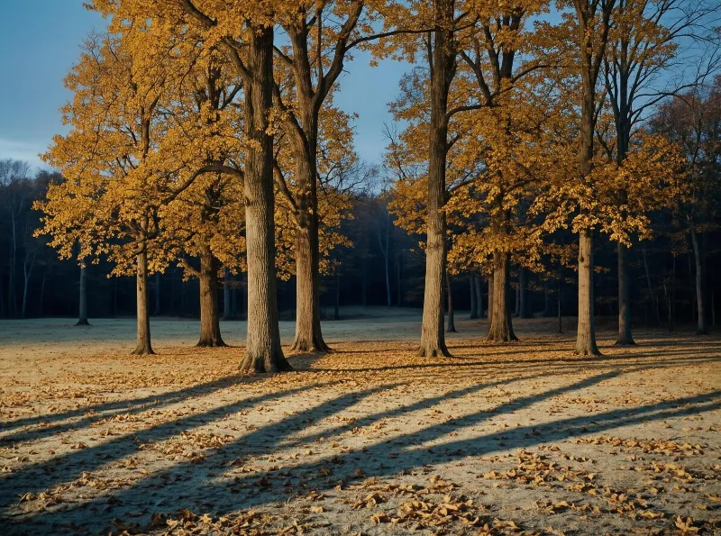 A field with tall oak trees featuring golden autumn leaves, illuminated by morning light, with long shadows and fallen leaves covering the ground.