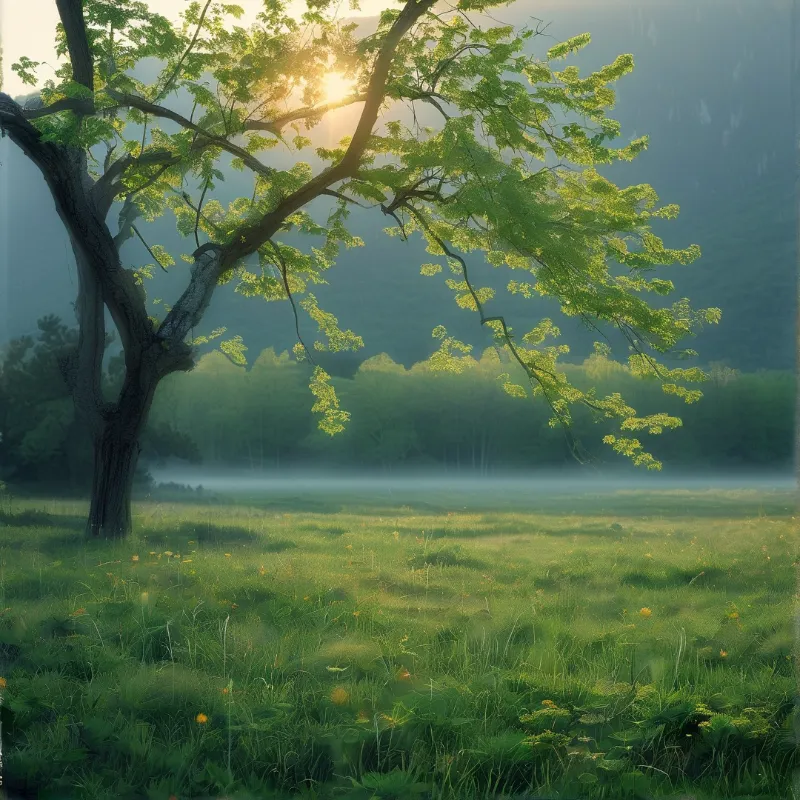 A large oak stands on a dewy green meadow, sunbeams cut through its bright green canopy, low fog drifts over the grass, hazy forested hills sit in the background.