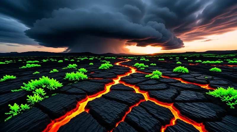 Molten veins split a field of dark stone plates between bright green shrubs beneath a stormy sunset.