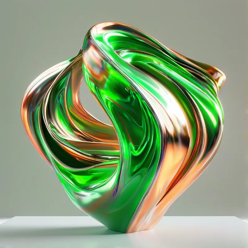 A shiny abstract form featuring swirling green and copper patterns rests on a white surface under studio lighting.