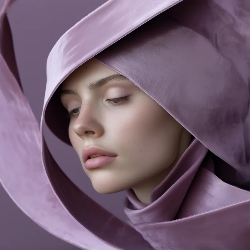 Portrait featuring a woman with closed eyes enclosed by a large flowing lavender fabric covering her shoulders.