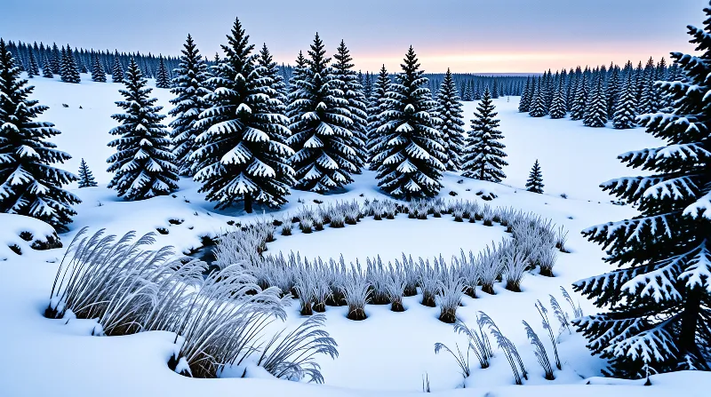 A snowy landscape featuring tall pine trees and frosted grasses under a twilight sky with pink and blue hues.