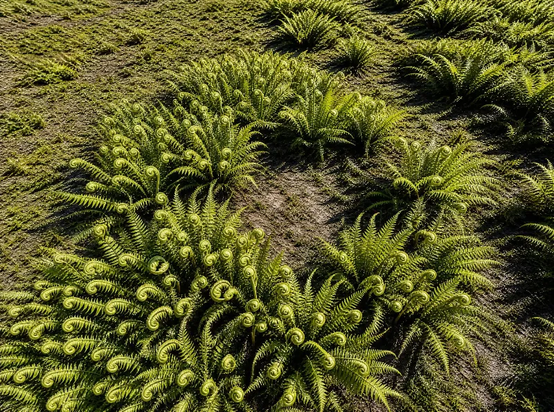 Bright green fern fronds curl into tight spirals as they unfurl in a sunlit mossy clearing with warm golden light.
