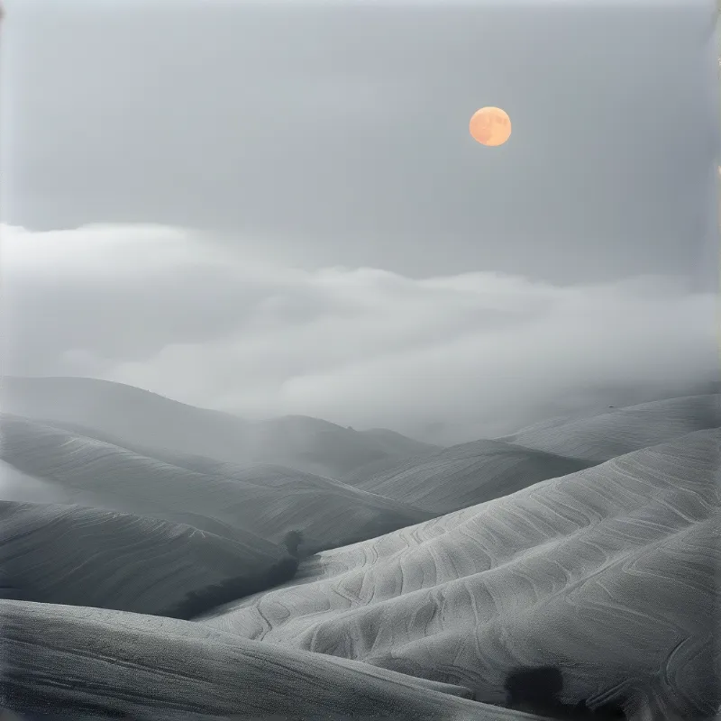 Textured sand dunes rise into thick fog while a glowing peach moon hangs high in the grey sky above the landscape.