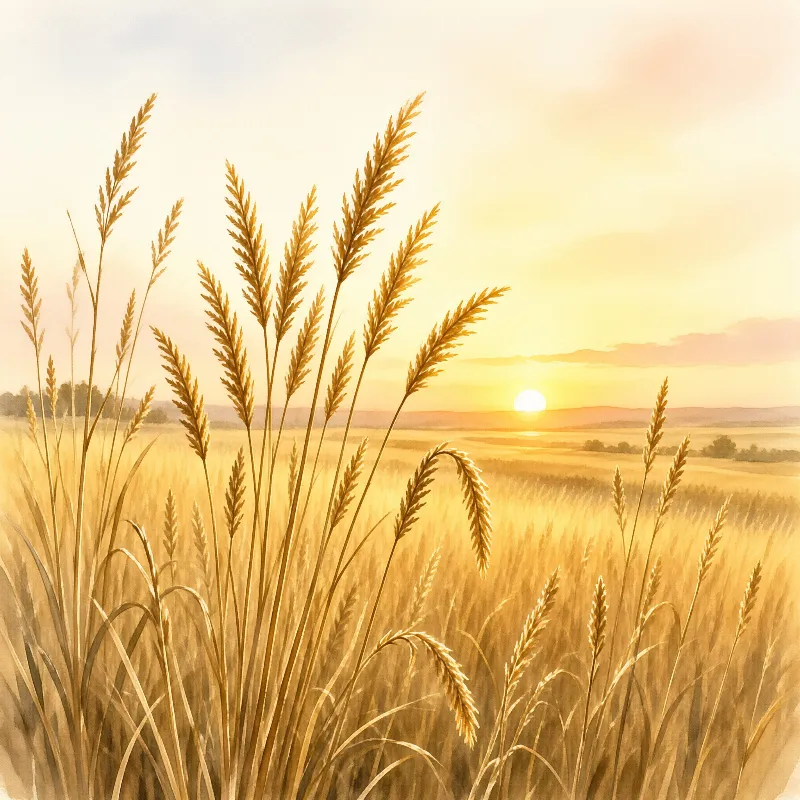 Golden wheat stalks sway in a sunlit field as the sun sets over distant hills