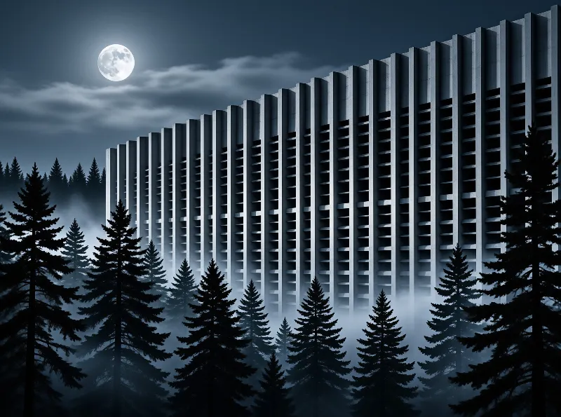 A tall concrete building with vertical fins looms behind a foggy pine forest under a bright full moon