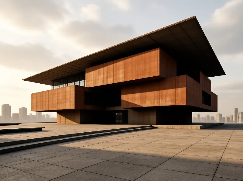 A massive angular structure with a wide roof overhang sits on a paved square while a distant skyline fades into the haze.