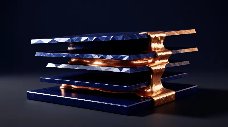 Layered blue geometric plates with molten copper metal flowing through them in a studio setting.