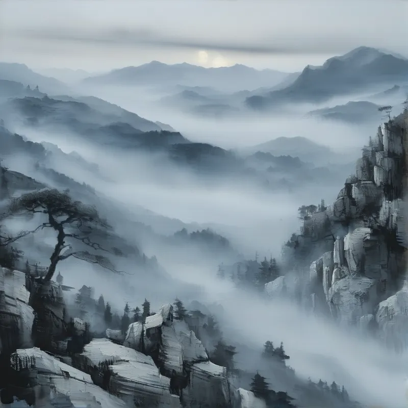 Steep rocky mountains emerge from thick fog with pine trees clinging to ledges under soft grey light.