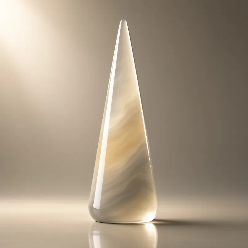 A tall milky glass cone stands on a glossy surface, glowing softly as light drifts through its curved body.