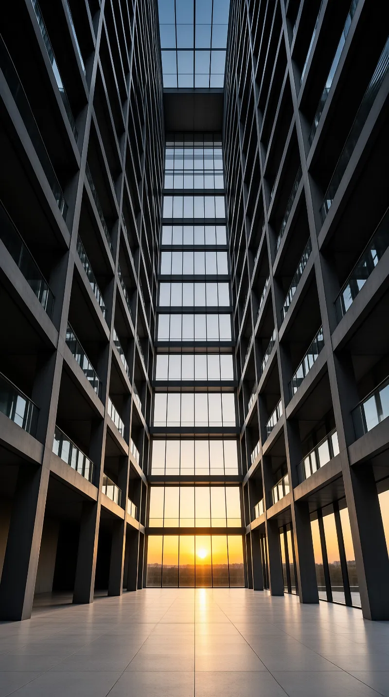 Modern atrium with a window showing an orange sunset while dark balconies line the sides and light reflects on the floor.