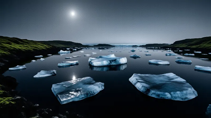 Flat blue white chunks of ice float in black water beneath a pale moon, framed by low green headlands.