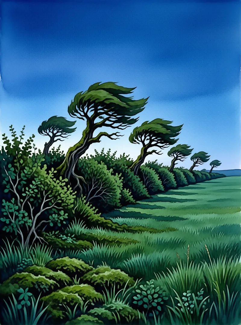 A row of pine trees leans sharply right under a blue sky, surrounded by green bushes and grass in a coastal landscape.