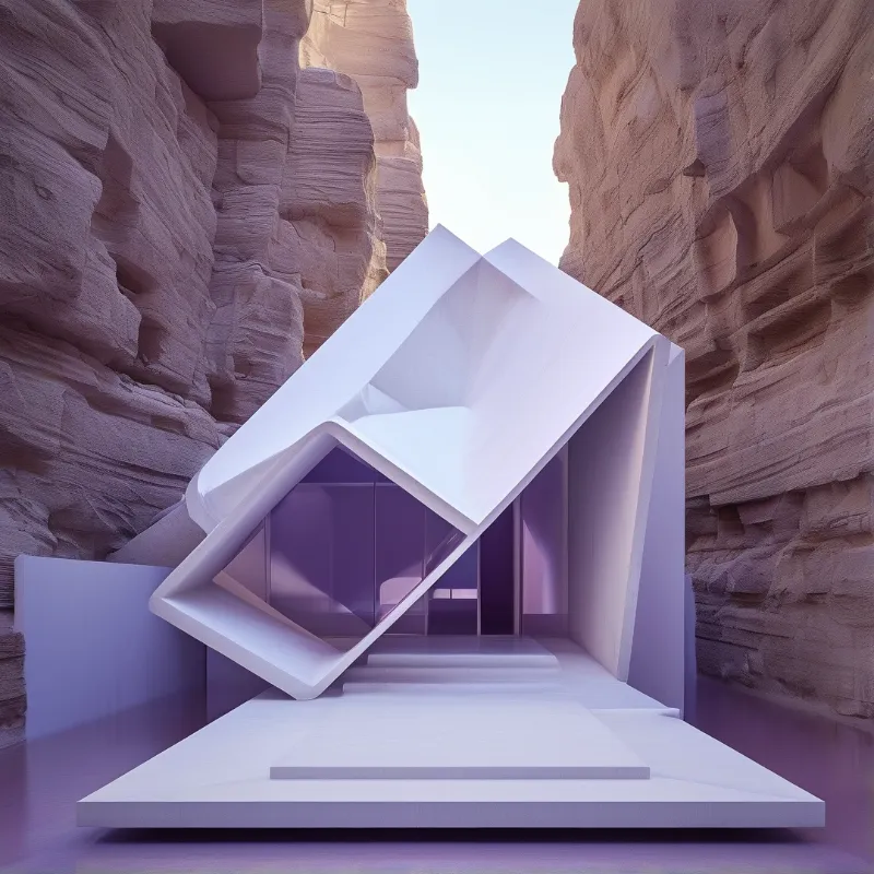 Geometric white architecture emerges from a narrow canyon featuring layered rock faces under soft purple illumination.