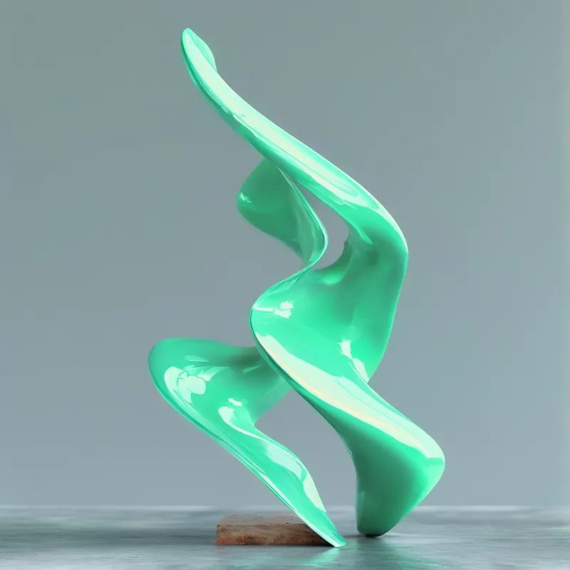 Glossy mint green abstract curvilinear sculpture sits on a wooden base atop a smooth grey studio surface in soft even light.