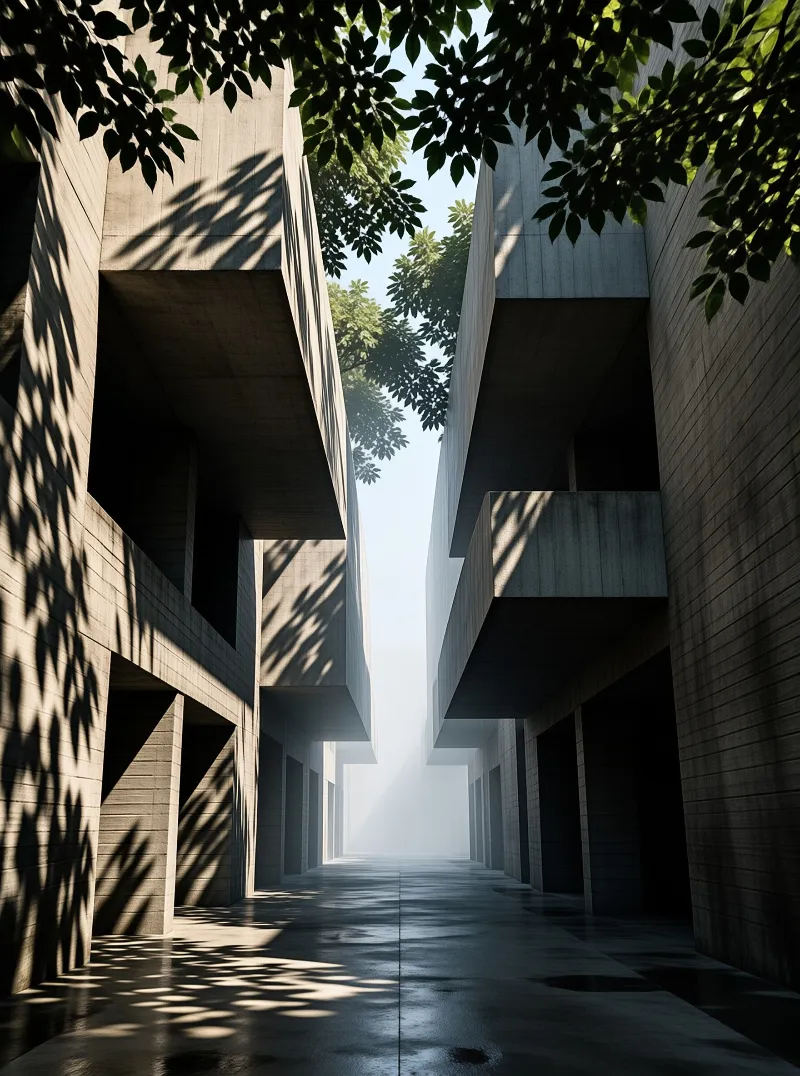 Two towering concrete structures create a narrow passage where sunlight filters through overhanging leaves to cast shadows on the misty ground.