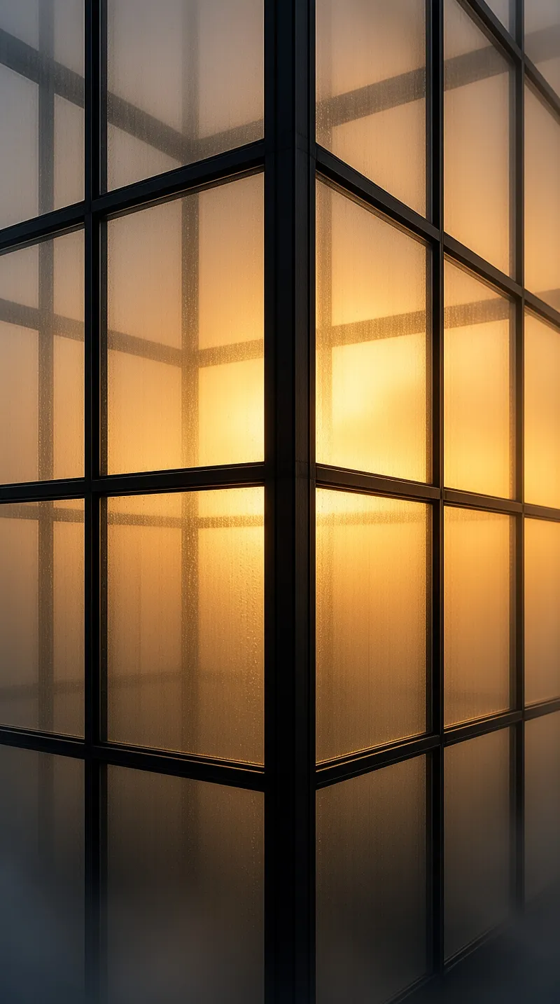 Frosted glass sections are divided by black mullions and shine with a warm internal heat source.