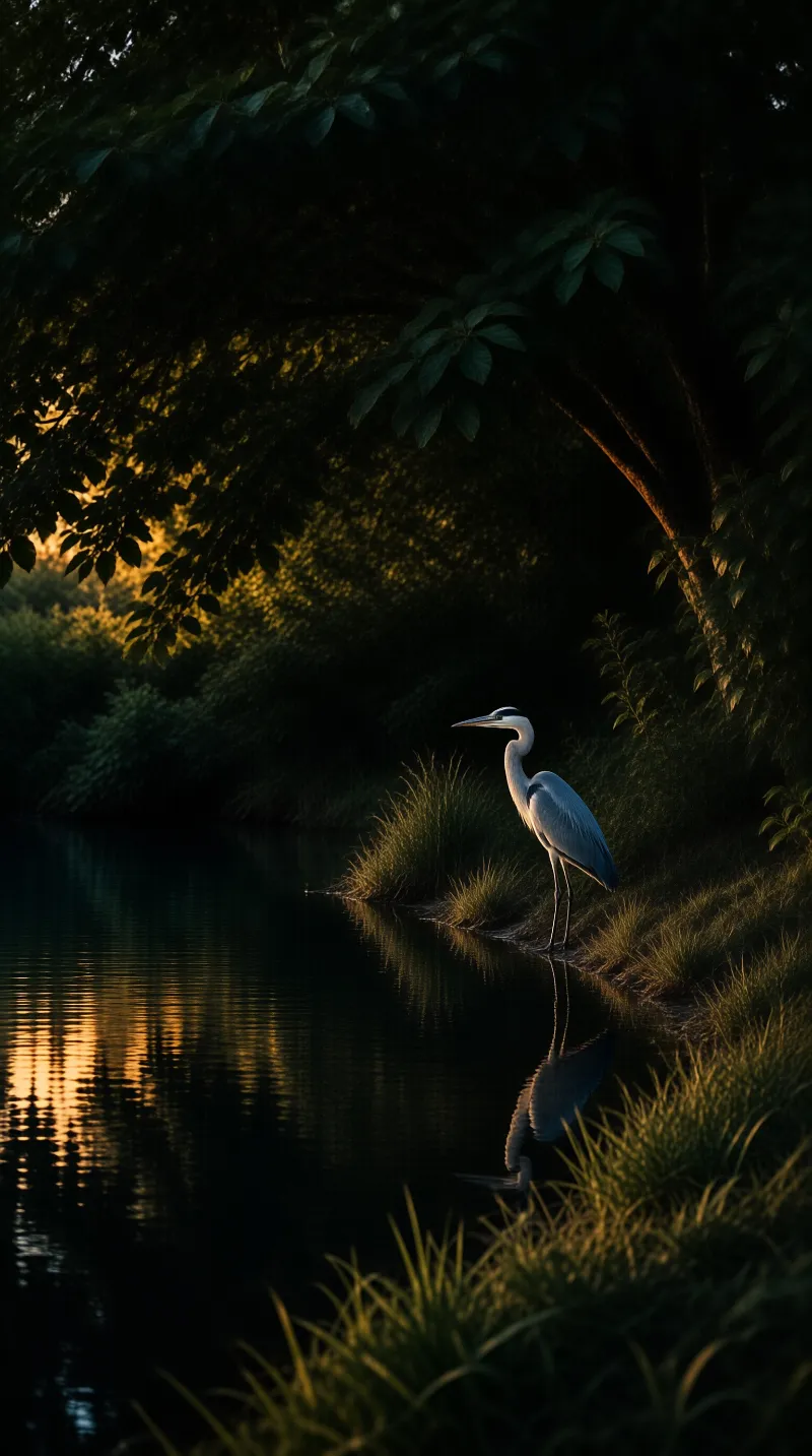 A grey heron stands on the grassy edge of a dark lake while warm sunlight reflects on the rippling water surface.