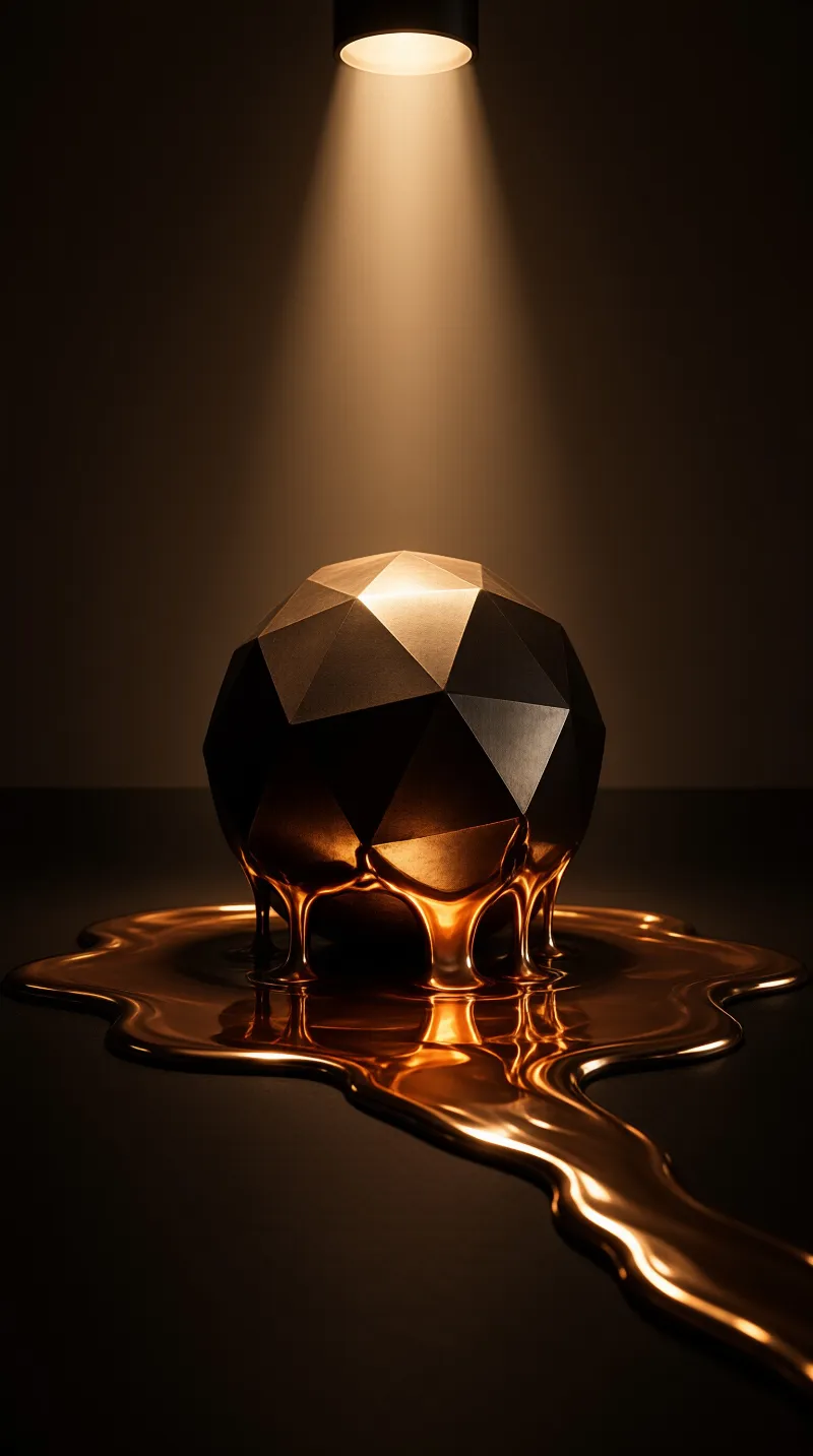 A faceted bronze sphere sits under a narrow spotlight as it melts into a spreading pool of liquid metal on a dark surface.