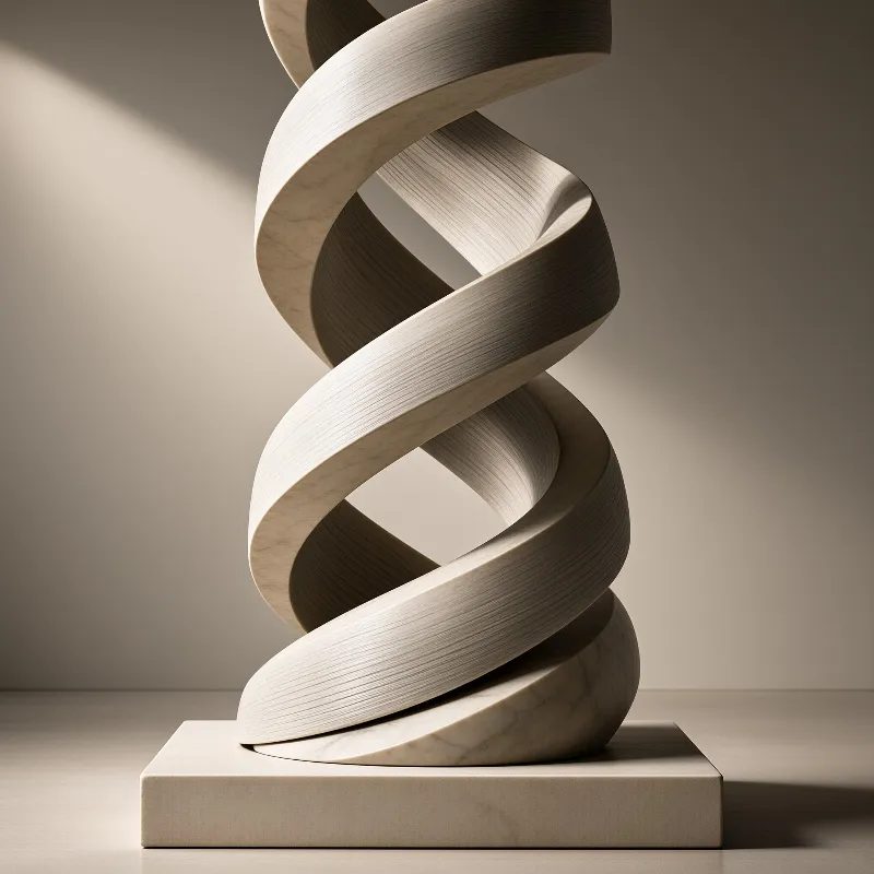 A tall twisting stone form stands on a rectangular plinth in a quiet beige room where directional light highlights its smooth curves.