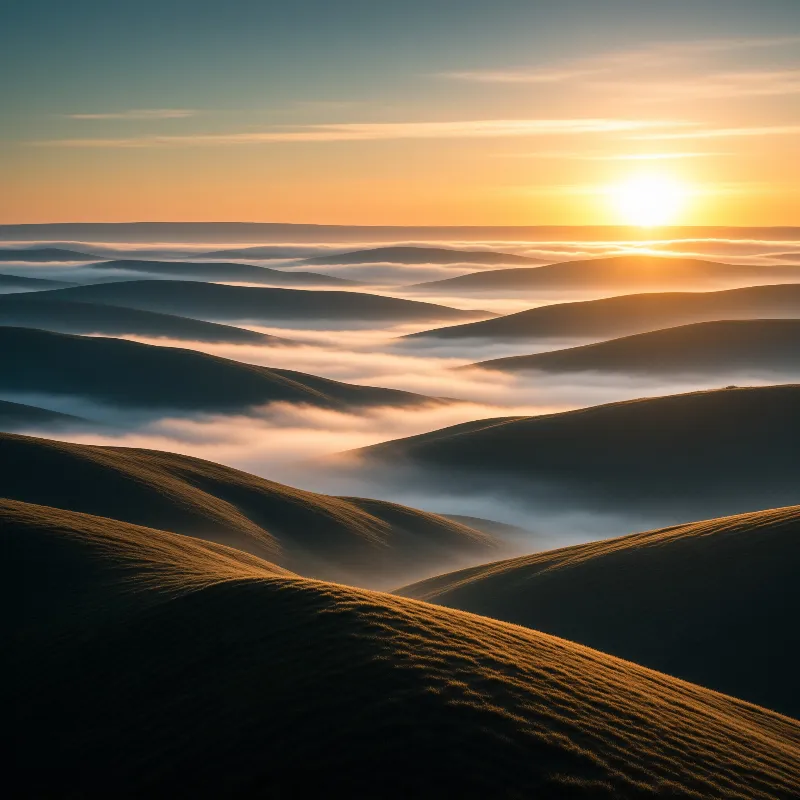 Sunrise Over Misty Hills