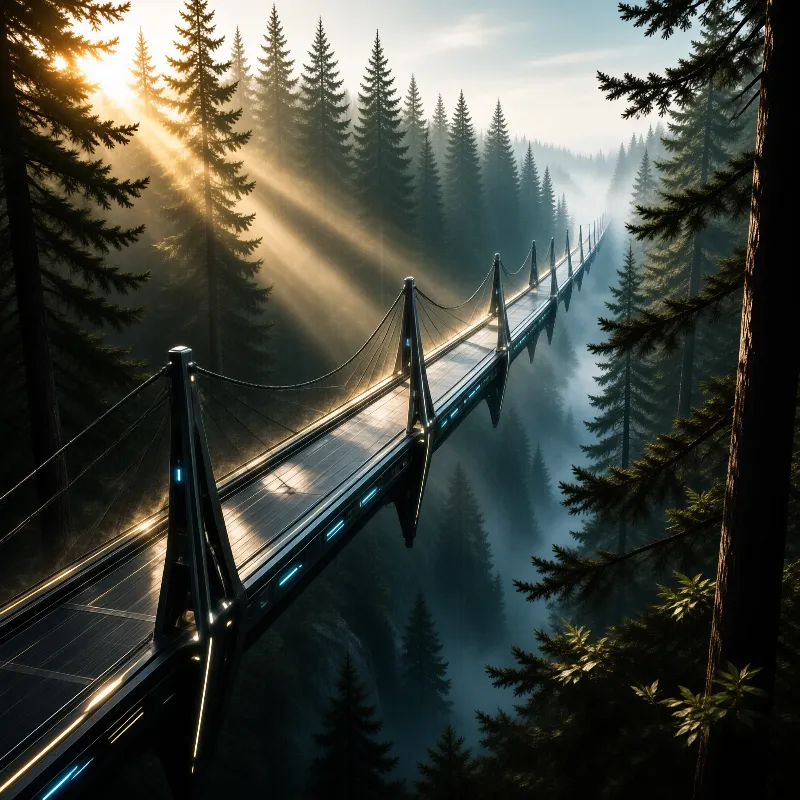 A glowing elevated walkway stretches through a dense foggy woodland while golden sunlight filters through the tall evergreen trees.