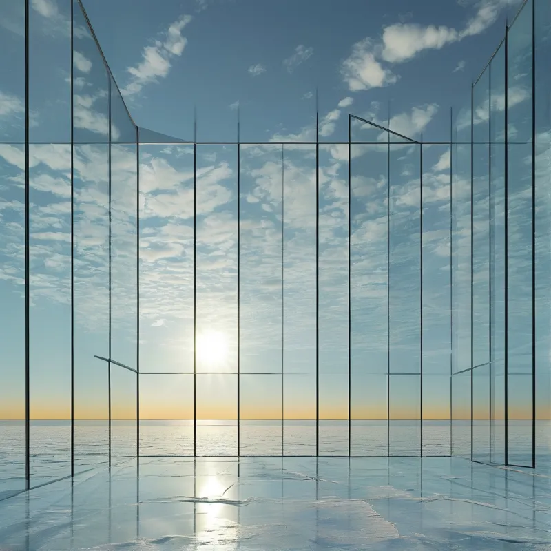 Transparent glass walls frame an ocean horizon view with the sun shining through vertical panes and reflecting on the floor.