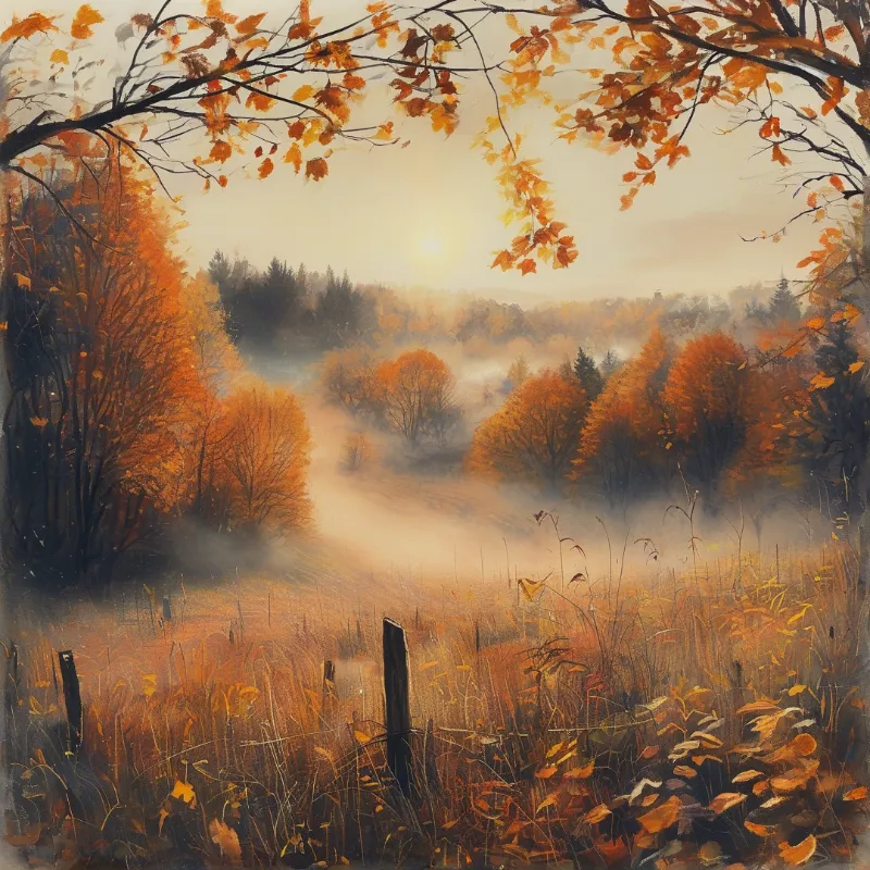 A misty valley filled with autumn trees and fog under a bright sun