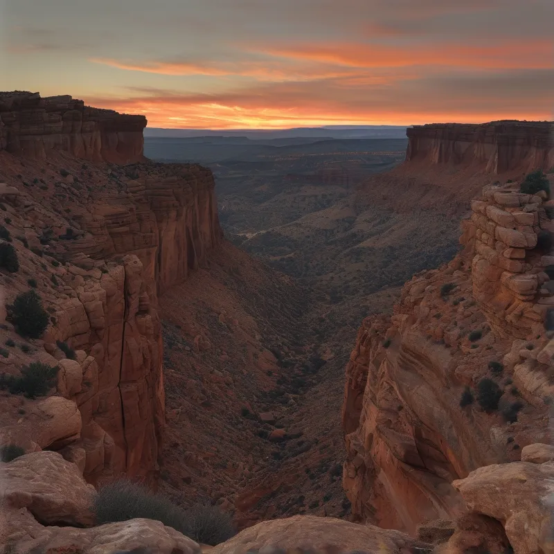 Red canyon between rust cliffs under orange sunset sky, overlooking a vast dry arid desert valley.