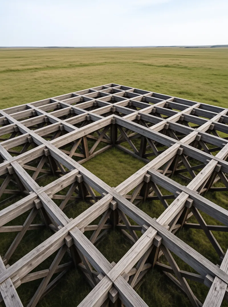 A symmetrical lattice of weathered wooden beams rests on an expansive flat grass field under pale diffused daylight.
