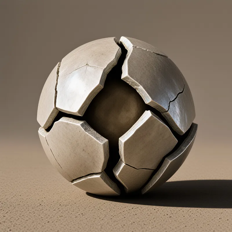 A faceted stone sphere with visible cracks rests on a textured beige surface under soft directional lighting.