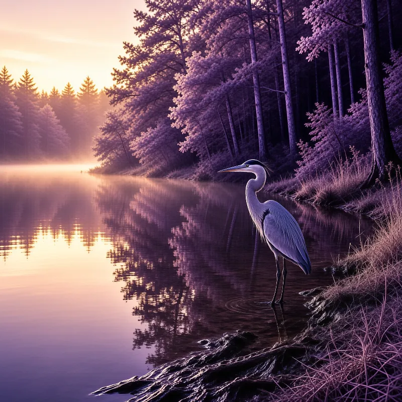 Grey heron stands in shallow water near forest edge with purple and gold sunrise light reflecting on calm river surface.