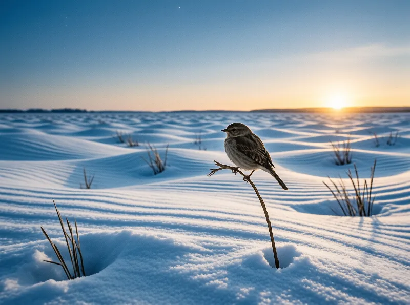 A tiny bird stands on a lone stalk amidst a vast expanse of rippled snow under a glowing orange horizon.