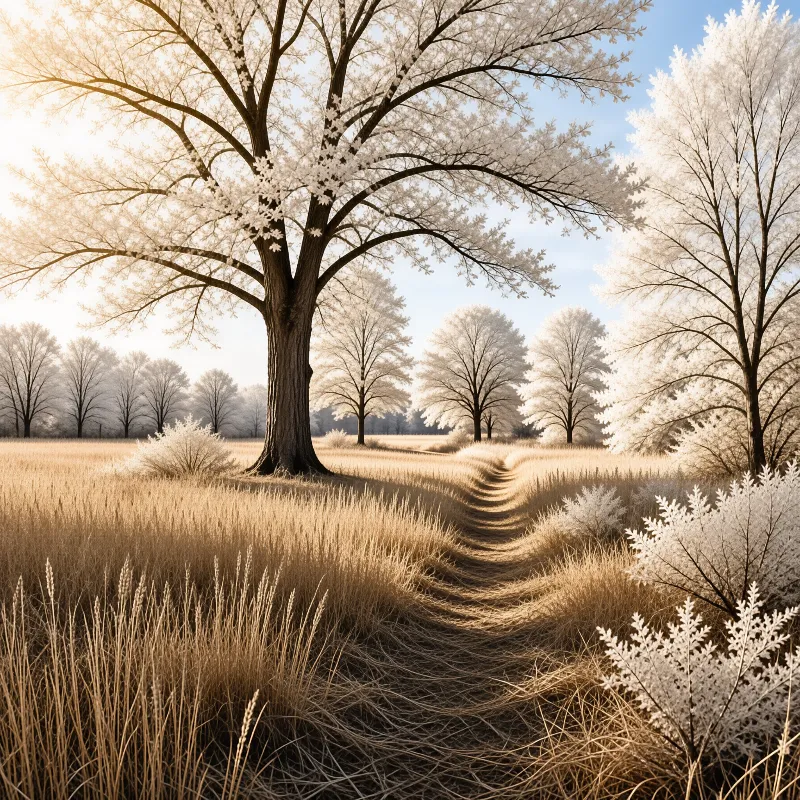 Frost clad oak stands beside a winding path through golden dry grassland, backlit by warm pale morning sun.