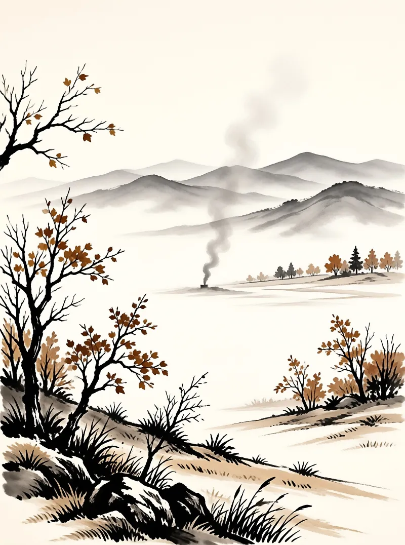 Traditional ink artwork showing a river flowing past brown trees towards hazy mountains with rising smoke