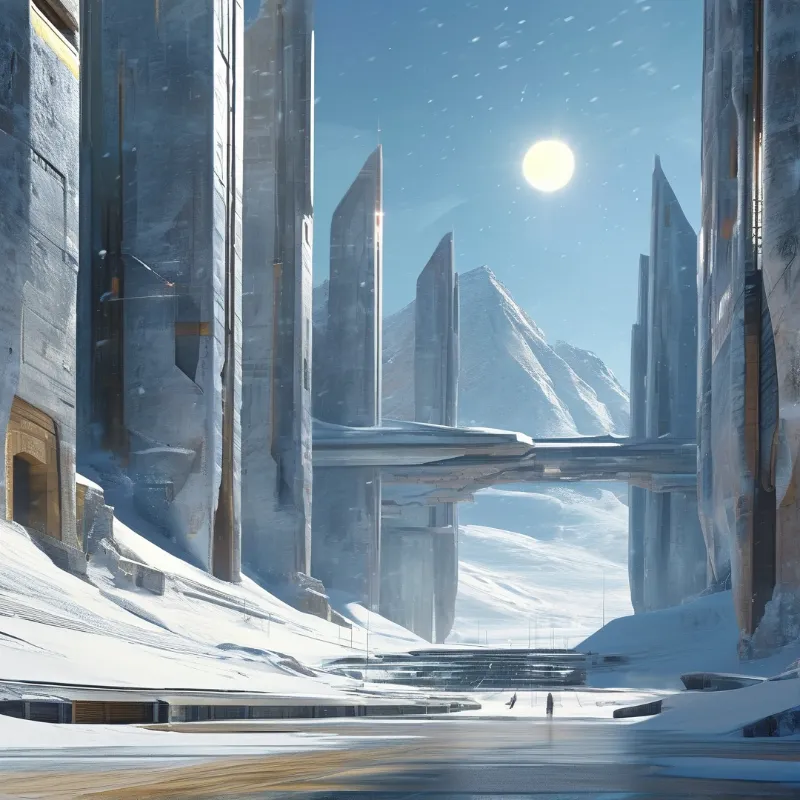 Tall geometric structures rise from a snowy landscape connected by bridges under a clear blue sky with a bright sun.