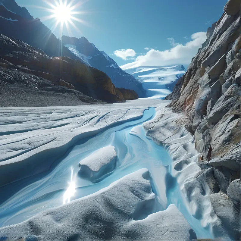 A bright sun shines over a winding blue meltwater stream running through a vast white glacier between steep rocky mountains.