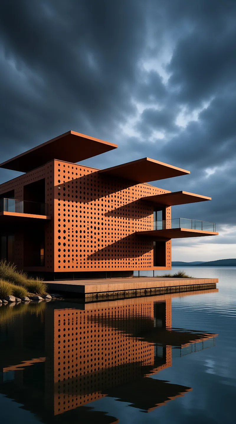A copper-toned lakeside pavilion with perforated walls and layered canopies mirrors itself in calm water under a stormy sky.