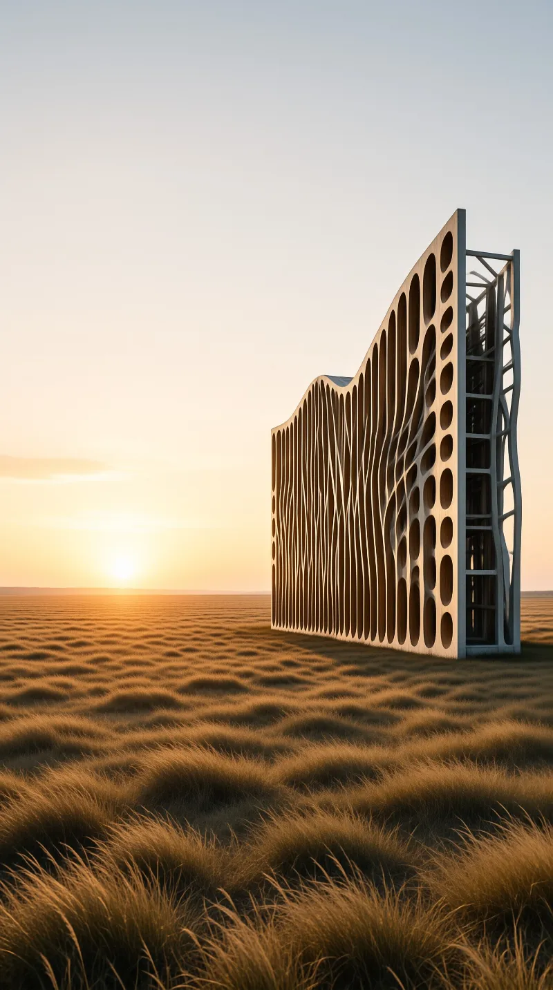 A tall perforated wall stands alone in a vast field of dry grass during the warm light of sunset.