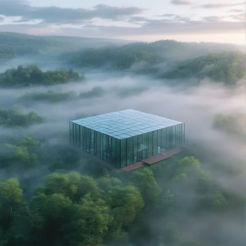 Glass House in Forest Mist