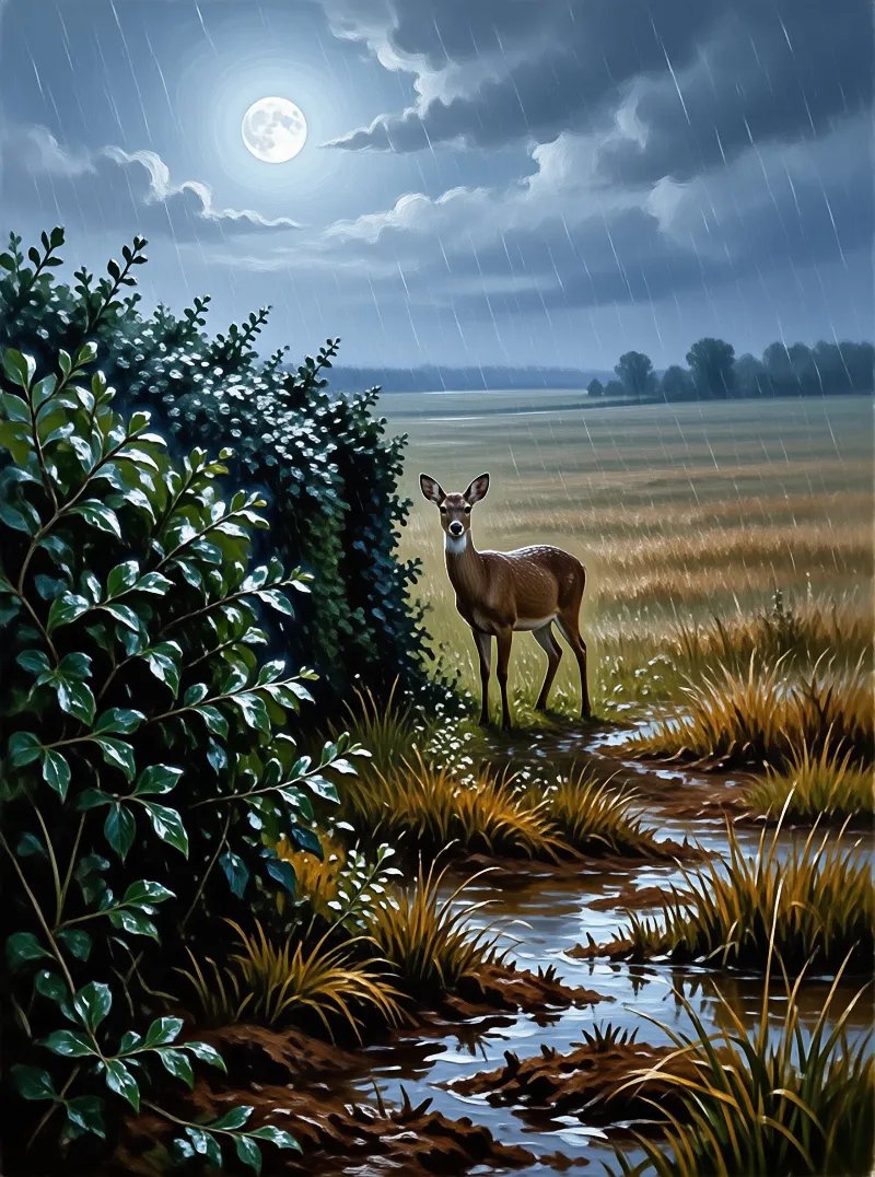 A deer stands in a wet grassy field under a bright full moon while rain falls heavily on the surrounding bushes and stream.