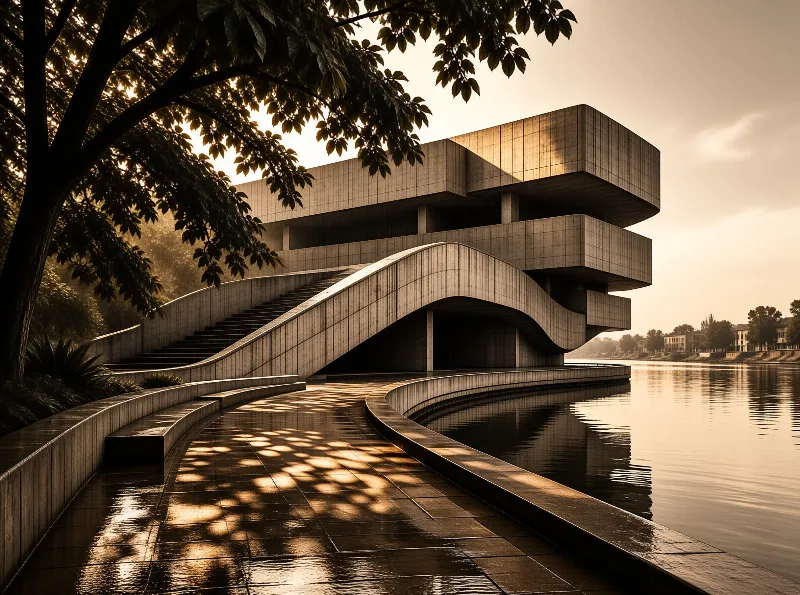 Warm sunlight bathes a layered structure and a sweeping concrete stairway beside a calm waterway.