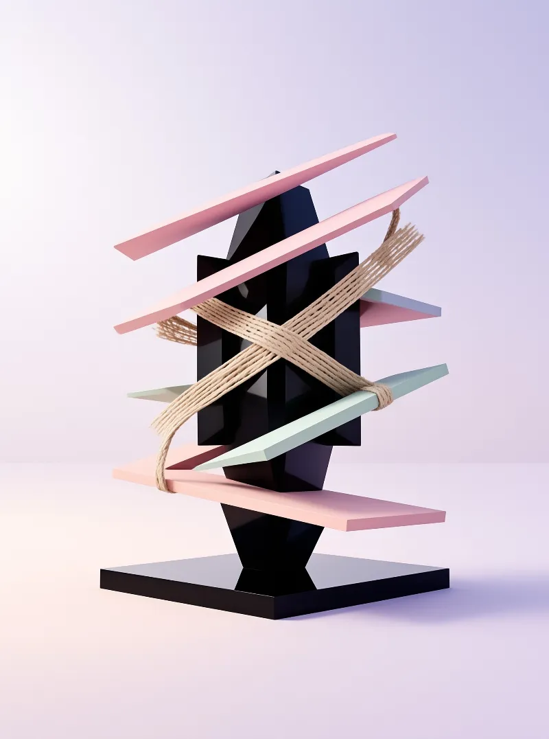 Abstract black column sculpture intersected by pastel boards and wrapped in rope against a smooth lavender gradient.