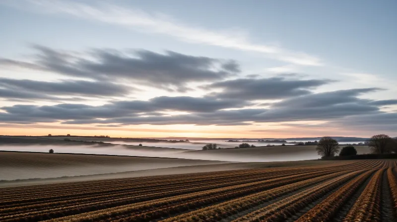 Curving furrows of a harvested field lead toward low mist and a soft sunrise beneath streaky clouds.