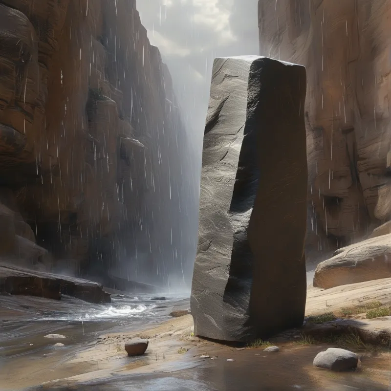 A large carved monolith rises from a wet rocky canyon while steady rain falls on sandstone walls and the shallow streambed